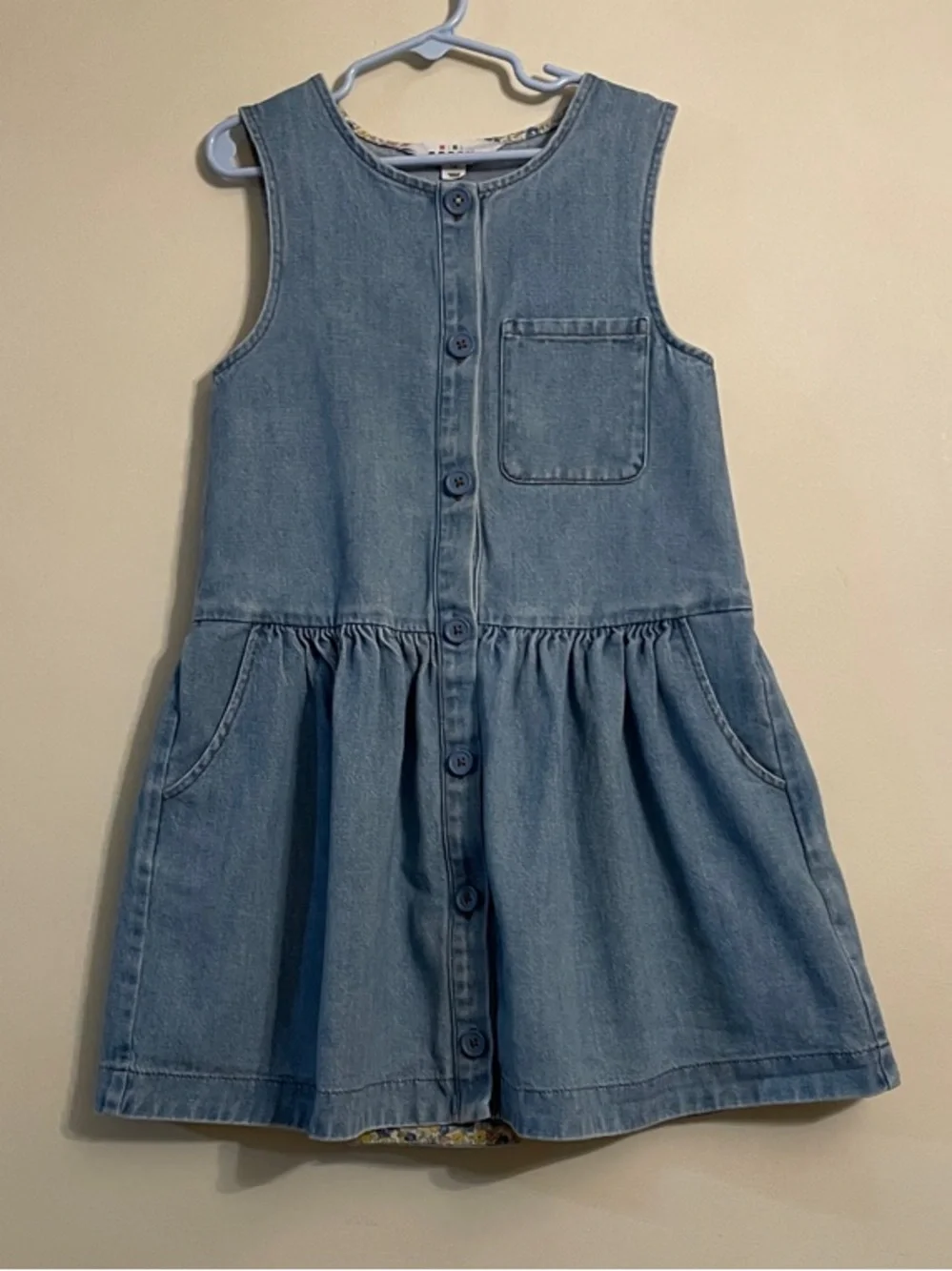 Mini Boden Girls Denim Button Front Dress Size 7-8Y Blue Cotton Pockets